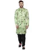 Green Printed Satin Indo Western Sherwani for men