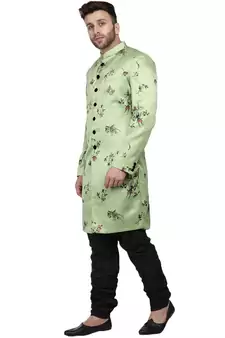 Green Printed Satin Indo Western Sherwani for men