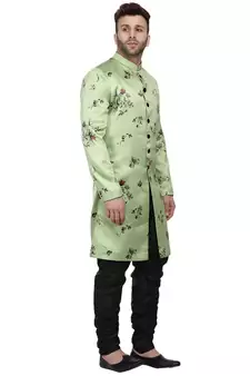 Green Printed Satin Indo Western Sherwani for men