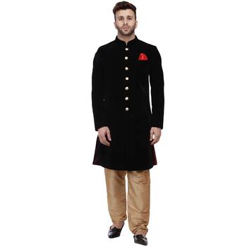 Black Plain Velvet Indo Western Sherwani for men 1