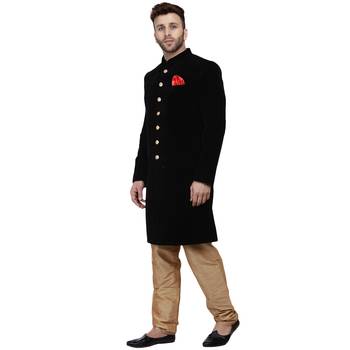 Black Plain Velvet Indo Western Sherwani for men 2