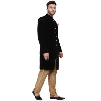 Black Plain Velvet Indo Western Sherwani for men 3