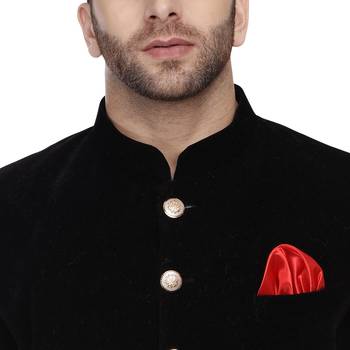 Black Plain Velvet Indo Western Sherwani for men 5