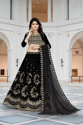Black embroidered velvet semi stitched lehenga 1