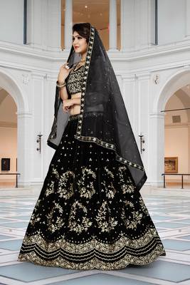 Black embroidered velvet semi stitched lehenga 2