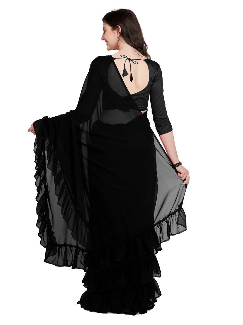 Black Plain Georgette Ruffle Saree With Blouse