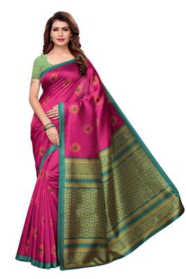 Pink printed art silk sarees saree with blouse 1