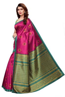 Pink printed art silk sarees saree with blouse 4