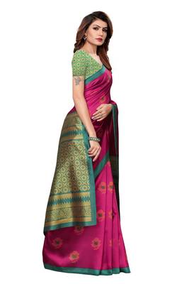 Pink printed art silk sarees saree with blouse 5