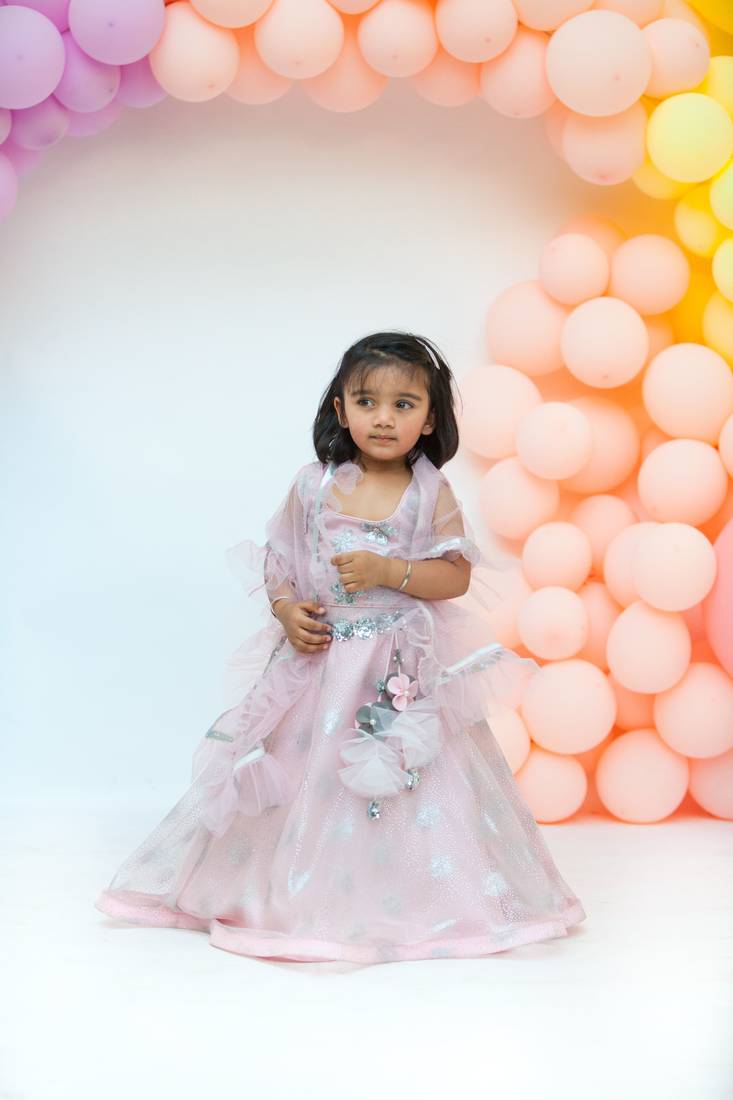 Baby Pink Glitter Lehenga Choli with Dupatta for girls