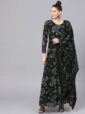 Black printed polyester kurta with dupatta 1