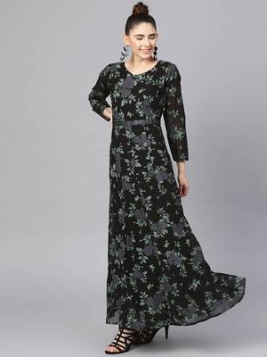 Black printed polyester kurta with dupatta 4