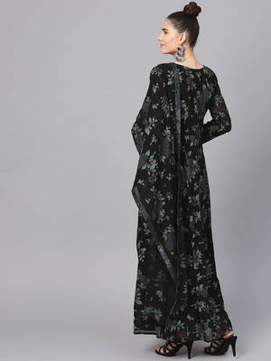 Black printed polyester kurta with dupatta 5