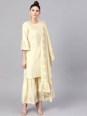 Cream plain crepe kurta and sharara with dupatta 1