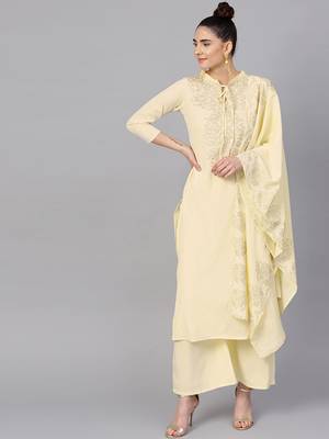 Cream plain crepe kurta with dupatta and palazzo 1