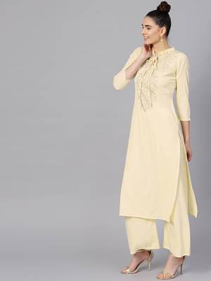 Cream plain crepe kurta with dupatta and palazzo 5