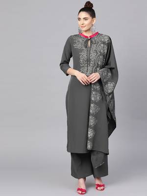 Grey plain crepe kurta and palazzo with dupatta 1
