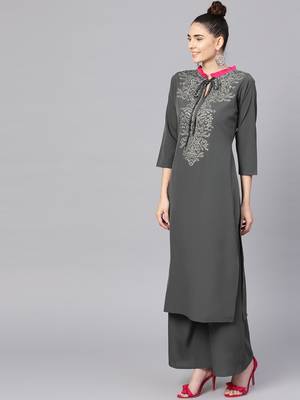 Grey plain crepe kurta and palazzo with dupatta 5