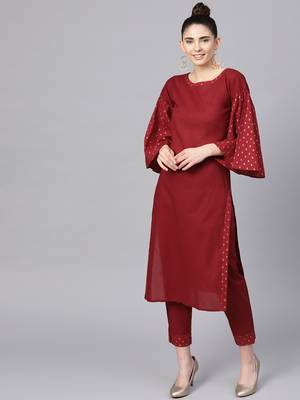 Maroon plain cotton kurta with pant 1