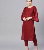 Maroon plain cotton kurta with pant