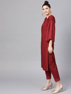 Maroon plain cotton kurta with pant 4
