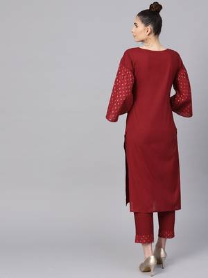 Maroon plain cotton kurta with pant 5