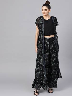 Black printed crepe top and palazzo with jacket 1