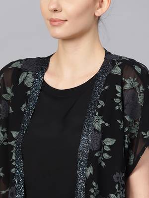 Black printed crepe top and palazzo with jacket 2