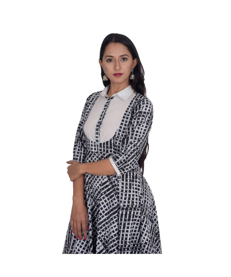 Black Printed White Collar kurti