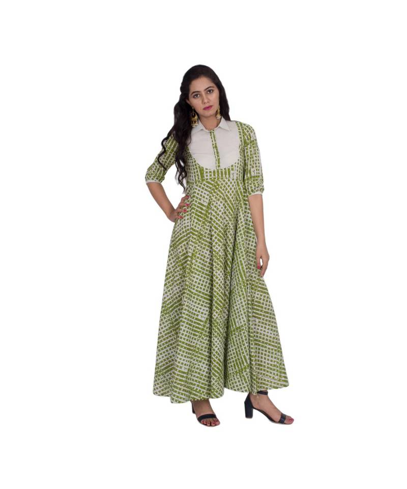 Green Printed White Collar kurti