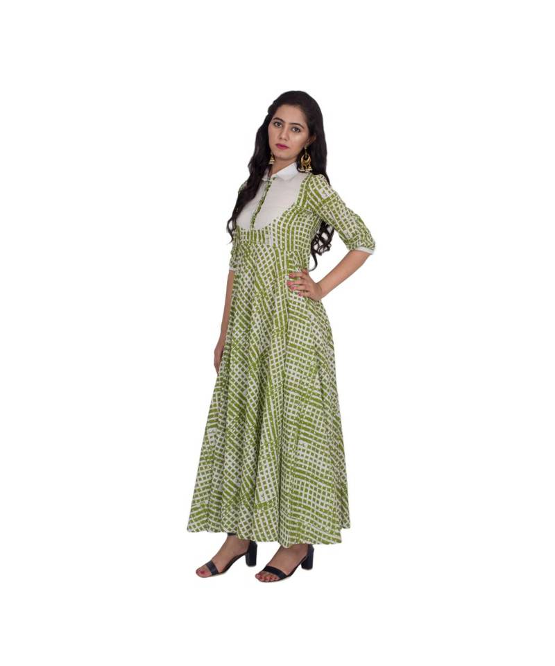 Green Printed White Collar kurti