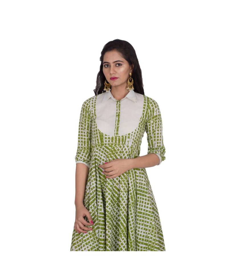 Green Printed White Collar kurti