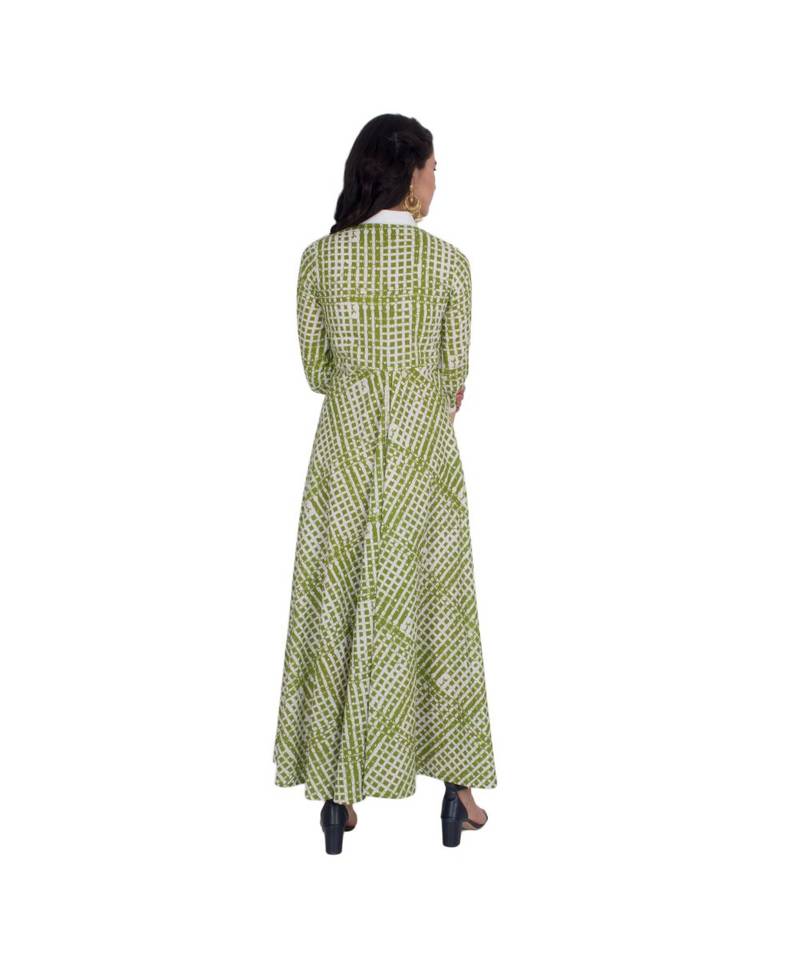 Green Printed White Collar kurti