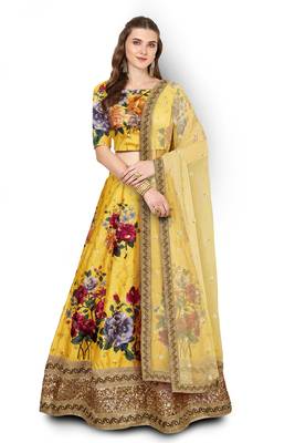 Yellow Embroidered Art Silk Unstitched Lehenga 1