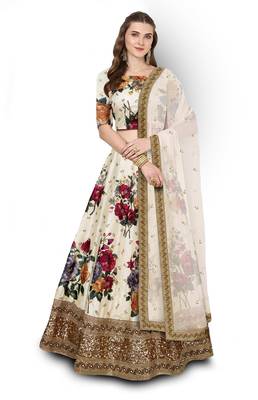 Cream Embroidered Art Silk Unstitched Lehenga 1