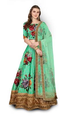 Green Embroidered Art Silk Unstitched Lehenga 1