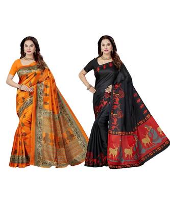 multicolor printed silk blend saree with blouse 1