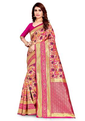 pink woven art silk saree with blouse 1