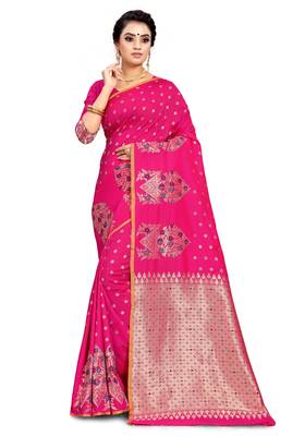 pink woven art silk saree with blouse 1