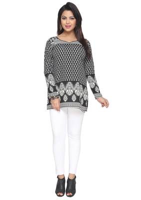 Black printed American crepe stitched short-kurtis Long sleeve 2