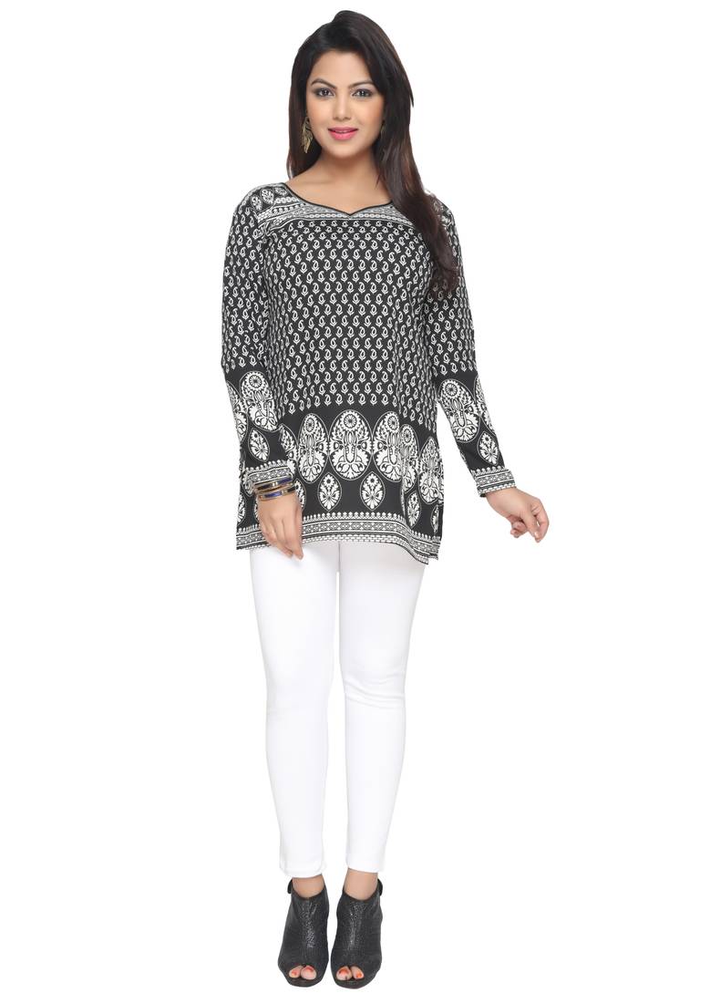 Black printed American crepe stitched short-kurtis Long sleeve