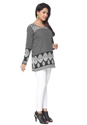 Black printed American crepe stitched short-kurtis Long sleeve 3