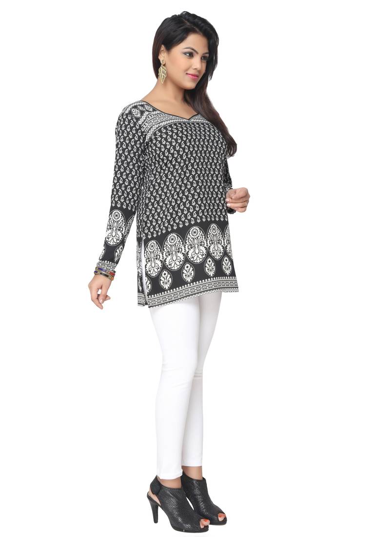 Black printed American crepe stitched short-kurtis Long sleeve