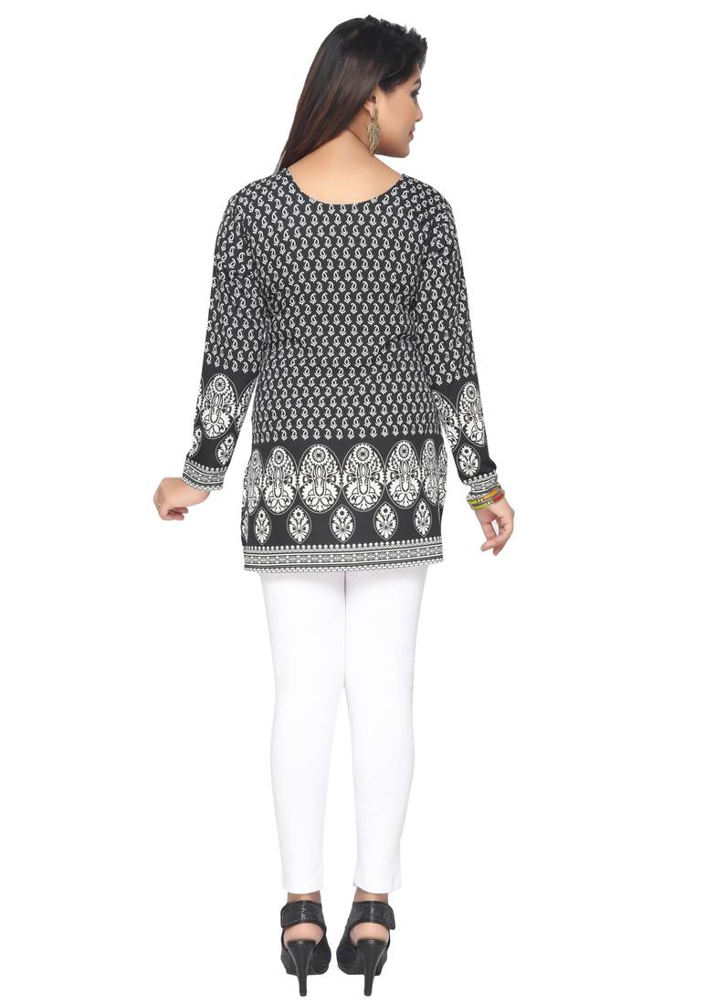 Black printed American crepe stitched short-kurtis Long sleeve