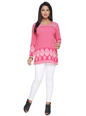 Pink printed American crepe stitched short-kurtis Long sleeve 1