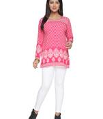 Pink printed American crepe stitched short-kurtis Long sleeve