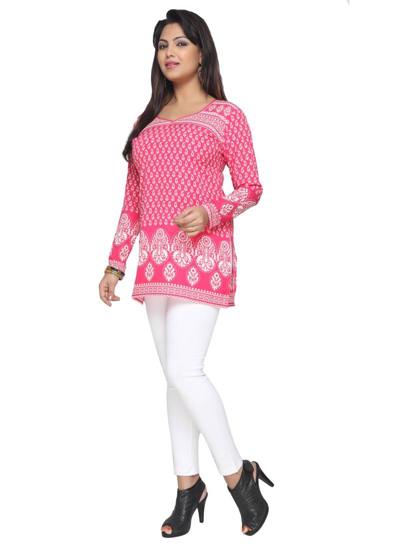 Pink printed American crepe stitched short-kurtis Long sleeve