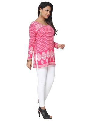Pink printed American crepe stitched short-kurtis Long sleeve 3