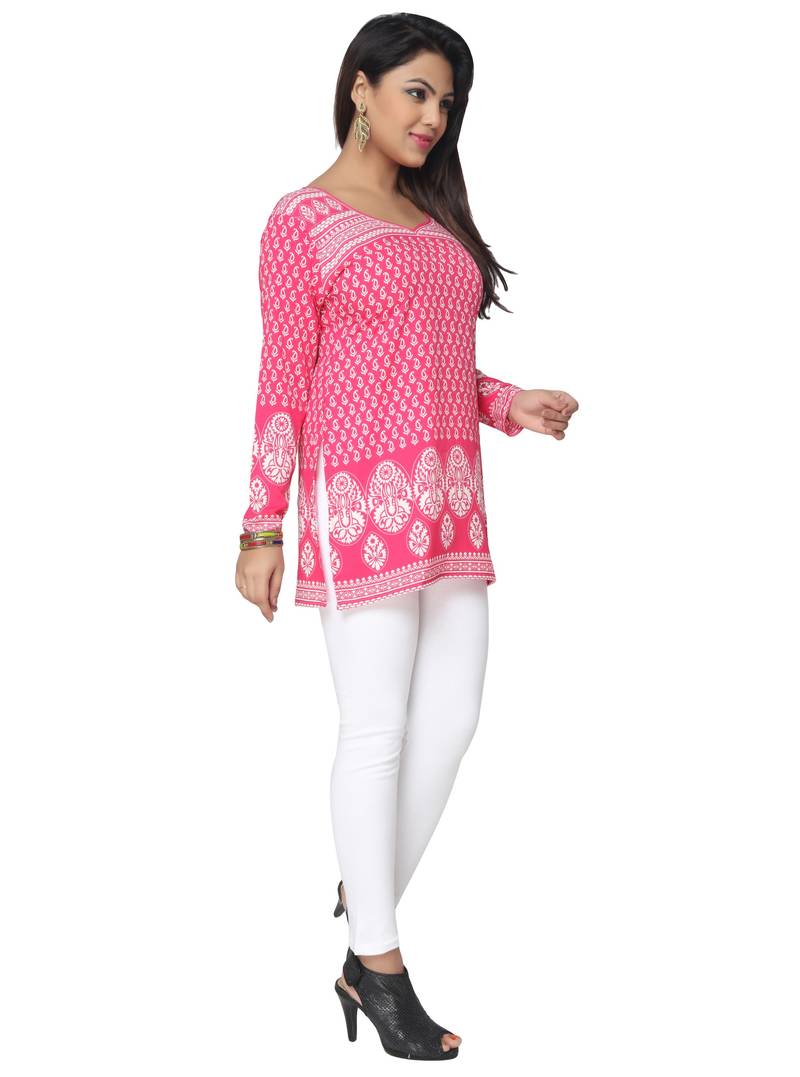 Pink printed American crepe stitched short-kurtis Long sleeve