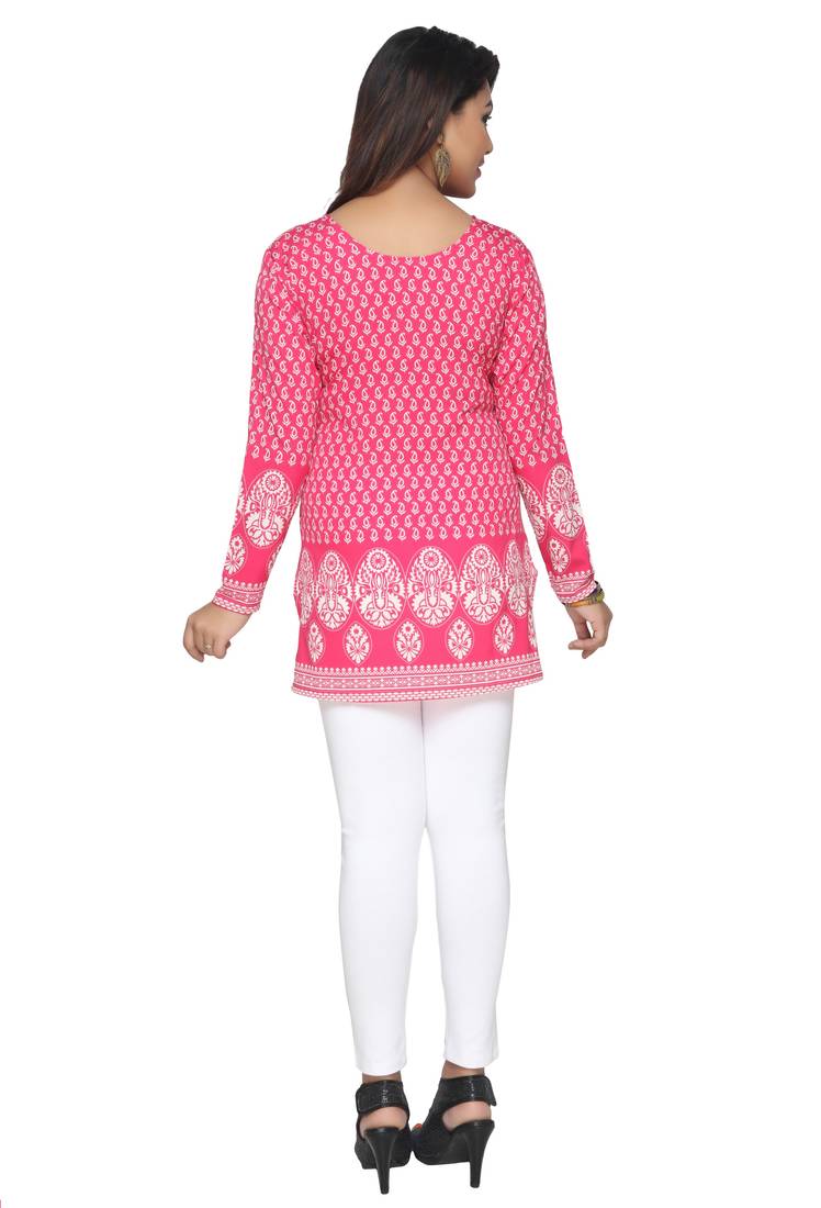 Pink printed American crepe stitched short-kurtis Long sleeve
